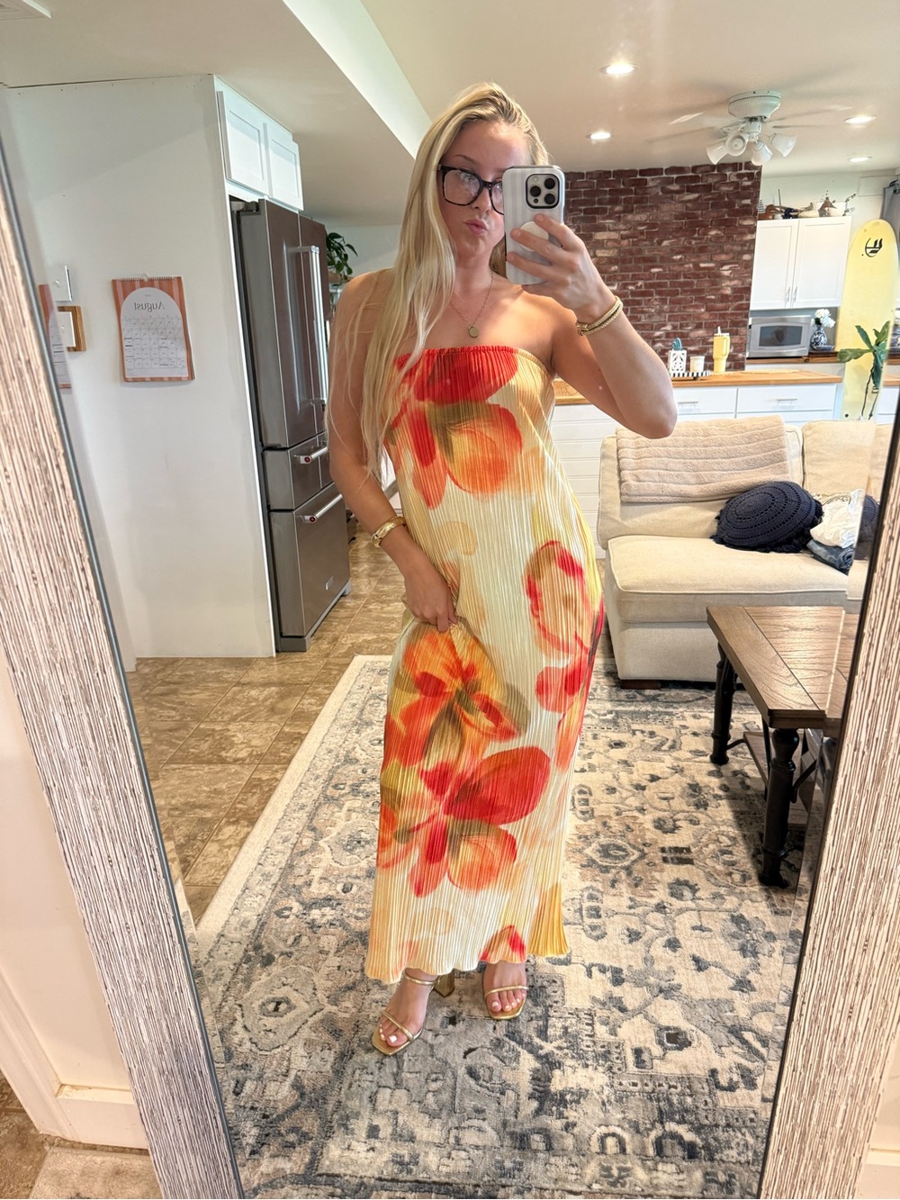 SHEIN Yellow Strapless Floral Pleated Maxi Dress